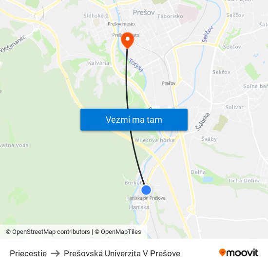 Priecestie to Prešovská Univerzita V Prešove map