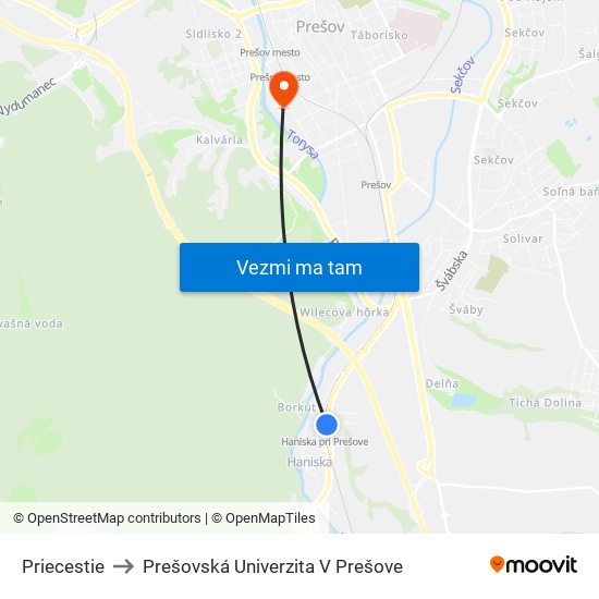 Priecestie to Prešovská Univerzita V Prešove map