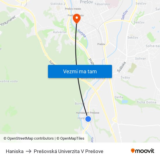 Haniska to Prešovská Univerzita V Prešove map