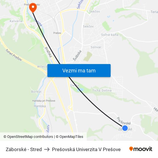 Záborské - Stred to Prešovská Univerzita V Prešove map