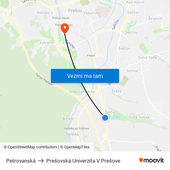 Petrovanská to Prešovská Univerzita V Prešove map