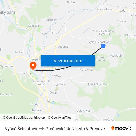 Vyšná Šebastová to Prešovská Univerzita V Prešove map