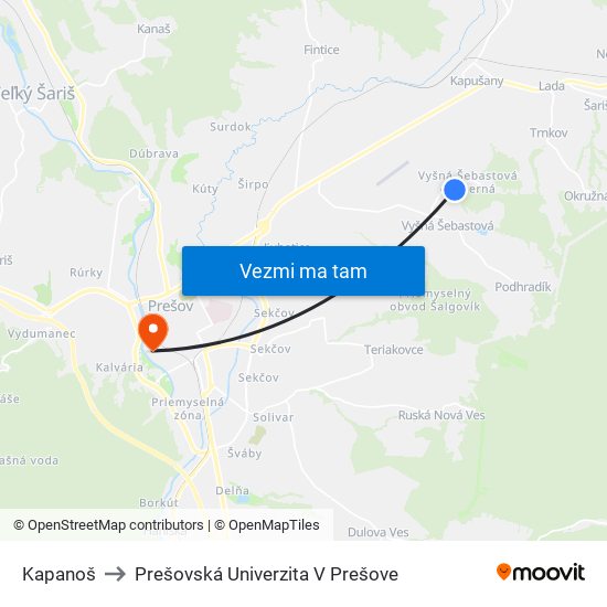 Kapanoš to Prešovská Univerzita V Prešove map