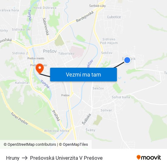 Hruny to Prešovská Univerzita V Prešove map