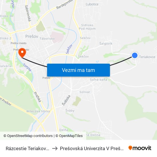 Rázcestie Teriakovce to Prešovská Univerzita V Prešove map