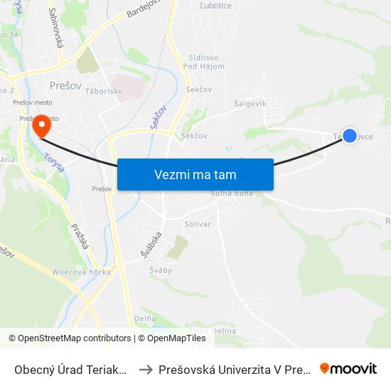 Obecný Úrad Teriakovce to Prešovská Univerzita V Prešove map