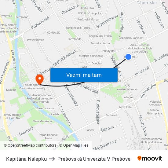 Kapitána Nálepku to Prešovská Univerzita V Prešove map