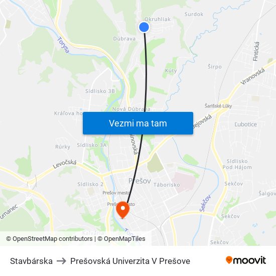 Stavbárska to Prešovská Univerzita V Prešove map