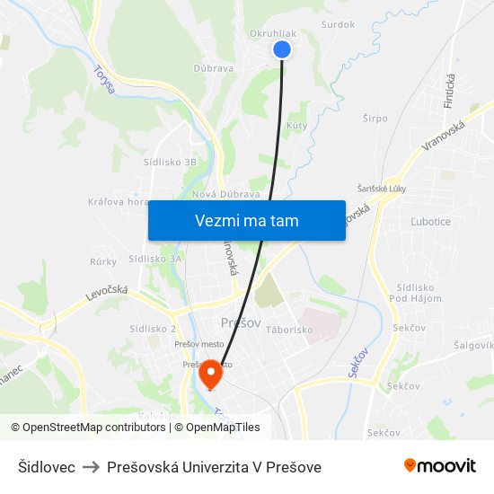 Šidlovec to Prešovská Univerzita V Prešove map