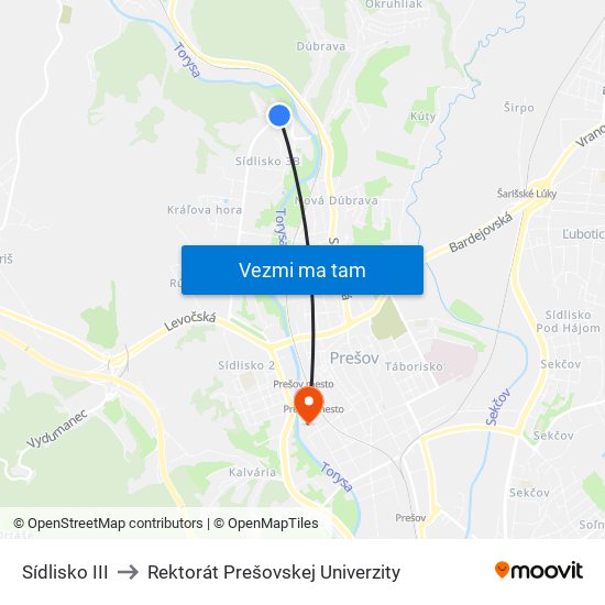 Sídlisko III to Rektorát Prešovskej Univerzity map