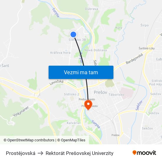 Prostějovská to Rektorát Prešovskej Univerzity map