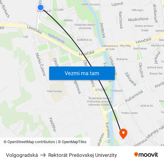 Volgogradská to Rektorát Prešovskej Univerzity map