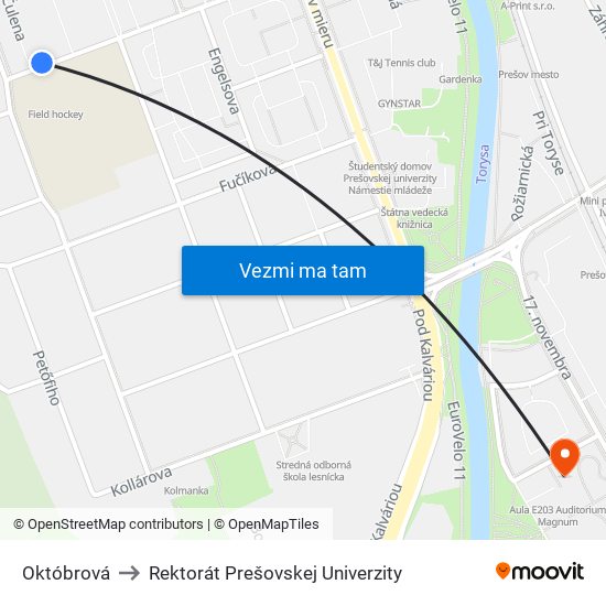 Októbrová to Rektorát Prešovskej Univerzity map