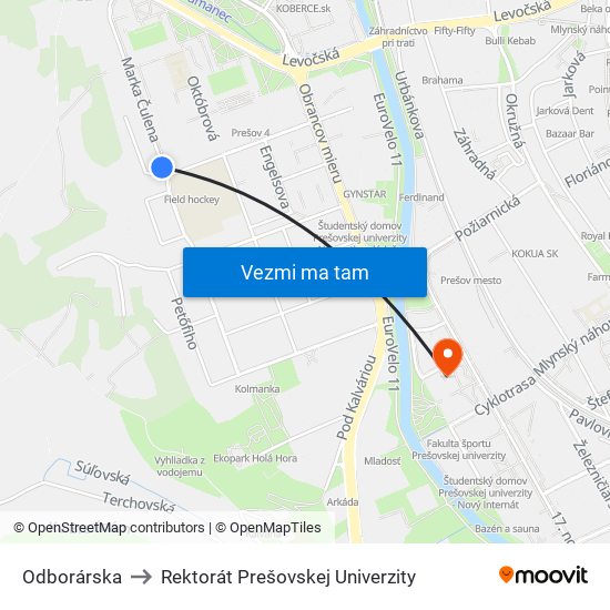 Odborárska to Rektorát Prešovskej Univerzity map