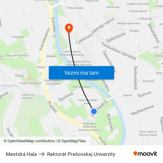 Mestská Hala to Rektorát Prešovskej Univerzity map