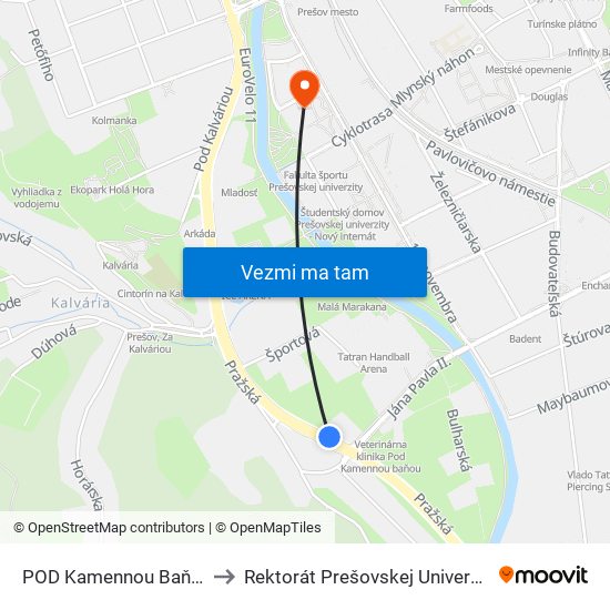 POD Kamennou Baňou to Rektorát Prešovskej Univerzity map