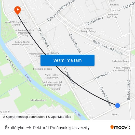 Škultétyho to Rektorát Prešovskej Univerzity map