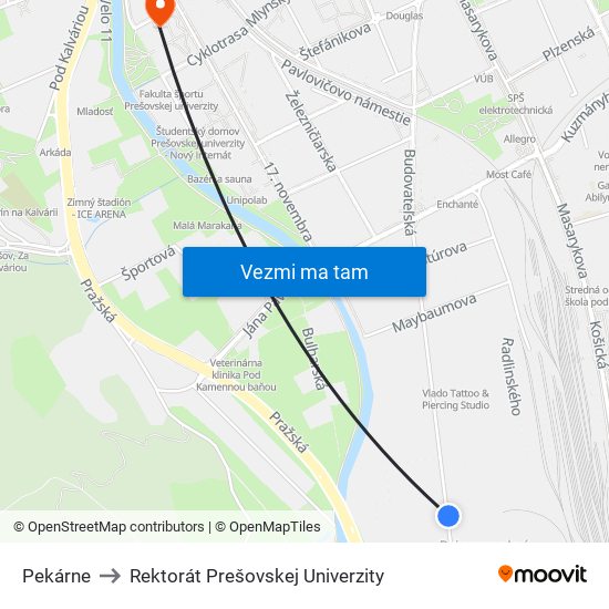 Pekárne to Rektorát Prešovskej Univerzity map