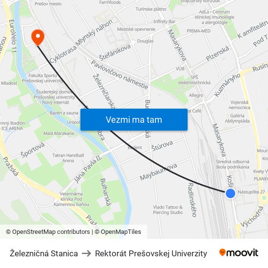 Železničná Stanica to Rektorát Prešovskej Univerzity map