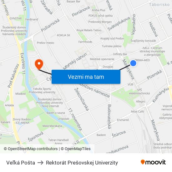 Veľká Pošta to Rektorát Prešovskej Univerzity map