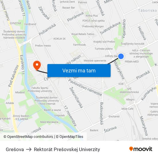 Grešova to Rektorát Prešovskej Univerzity map