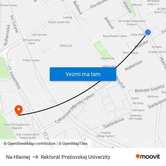 Na Hlavnej to Rektorát Prešovskej Univerzity map