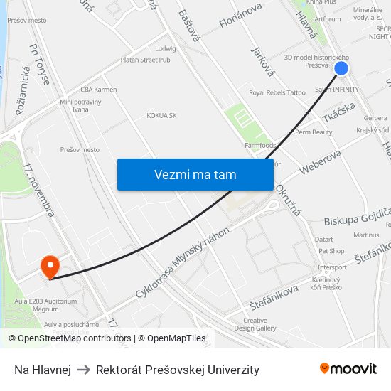 Na Hlavnej to Rektorát Prešovskej Univerzity map