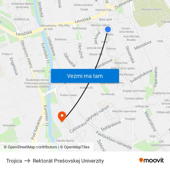 Trojica to Rektorát Prešovskej Univerzity map