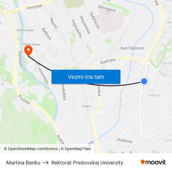 Martina Benku to Rektorát Prešovskej Univerzity map