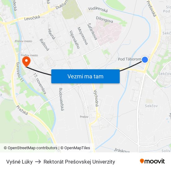 Vyšné Lúky to Rektorát Prešovskej Univerzity map