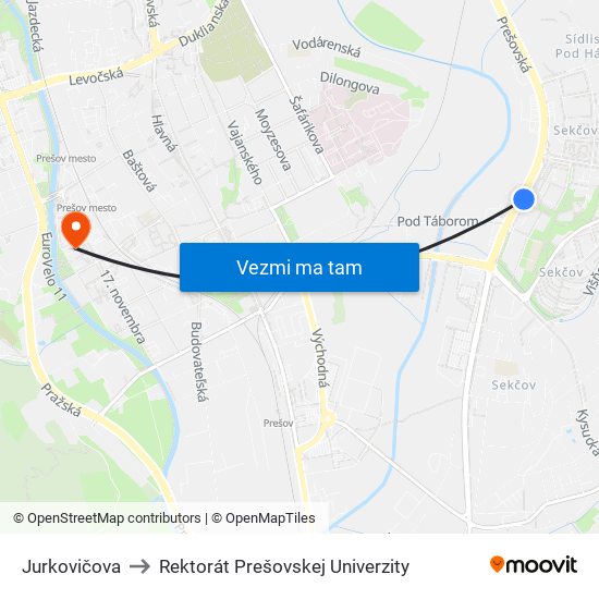 Jurkovičova to Rektorát Prešovskej Univerzity map