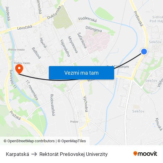 Karpatská to Rektorát Prešovskej Univerzity map