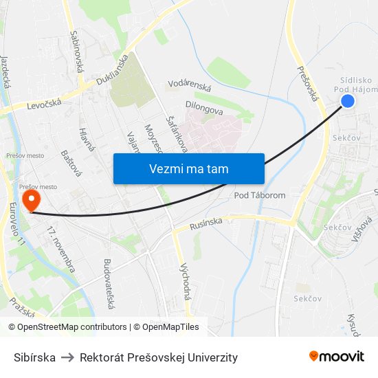 Sibírska to Rektorát Prešovskej Univerzity map