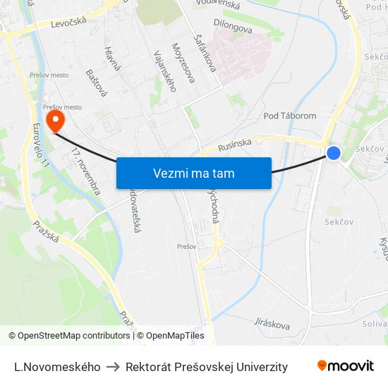 L.Novomeského to Rektorát Prešovskej Univerzity map