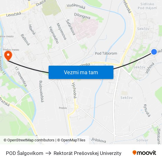 POD Šalgovíkom to Rektorát Prešovskej Univerzity map