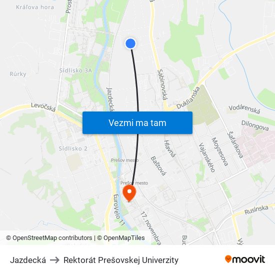 Jazdecká to Rektorát Prešovskej Univerzity map