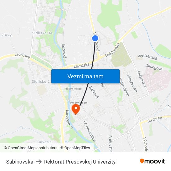 Sabinovská to Rektorát Prešovskej Univerzity map