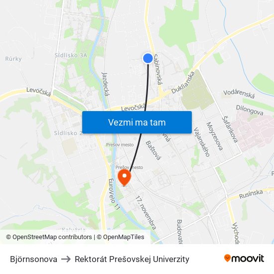 Björnsonova to Rektorát Prešovskej Univerzity map