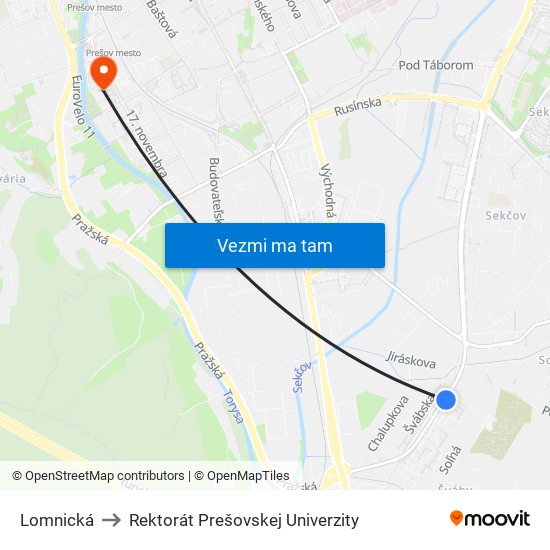 Lomnická to Rektorát Prešovskej Univerzity map