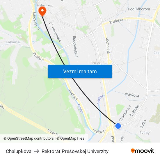 Chalupkova to Rektorát Prešovskej Univerzity map