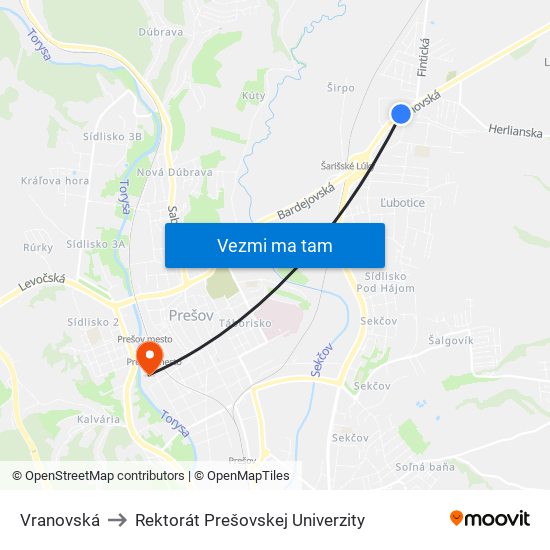 Vranovská to Rektorát Prešovskej Univerzity map