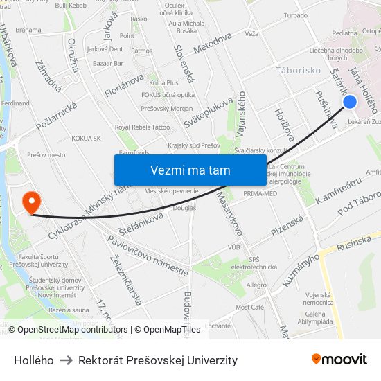 Hollého to Rektorát Prešovskej Univerzity map