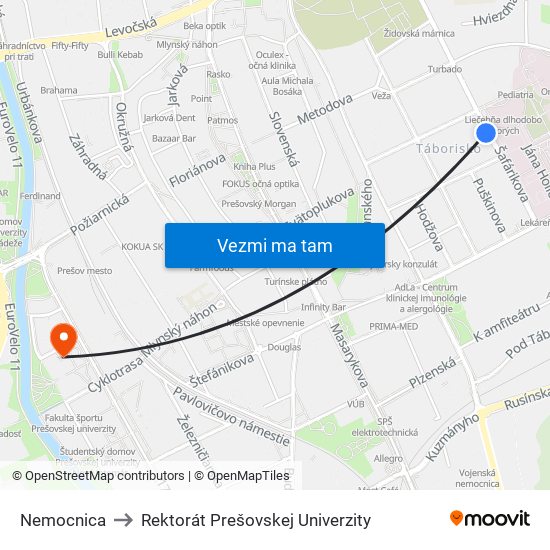 Nemocnica to Rektorát Prešovskej Univerzity map