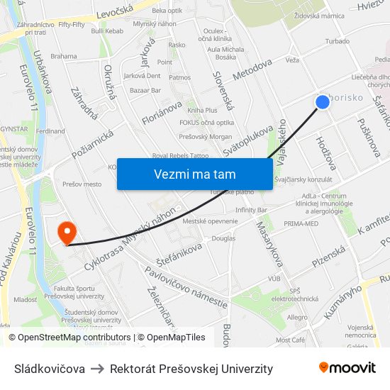 Sládkovičova to Rektorát Prešovskej Univerzity map