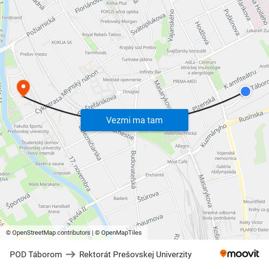 POD Táborom to Rektorát Prešovskej Univerzity map