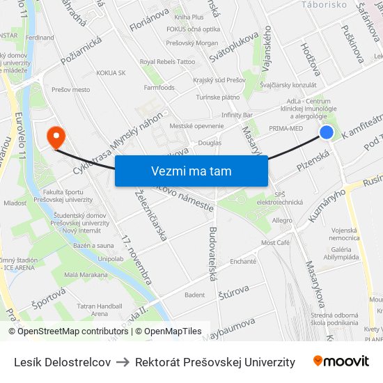 Lesík Delostrelcov to Rektorát Prešovskej Univerzity map