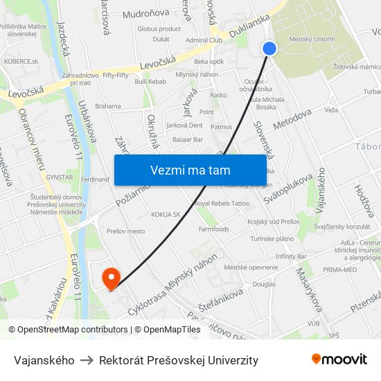 Vajanského to Rektorát Prešovskej Univerzity map