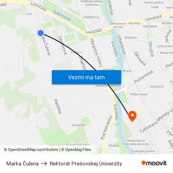 Marka Čulena to Rektorát Prešovskej Univerzity map