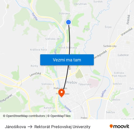 Jánošíkova to Rektorát Prešovskej Univerzity map