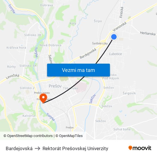 Bardejovská to Rektorát Prešovskej Univerzity map